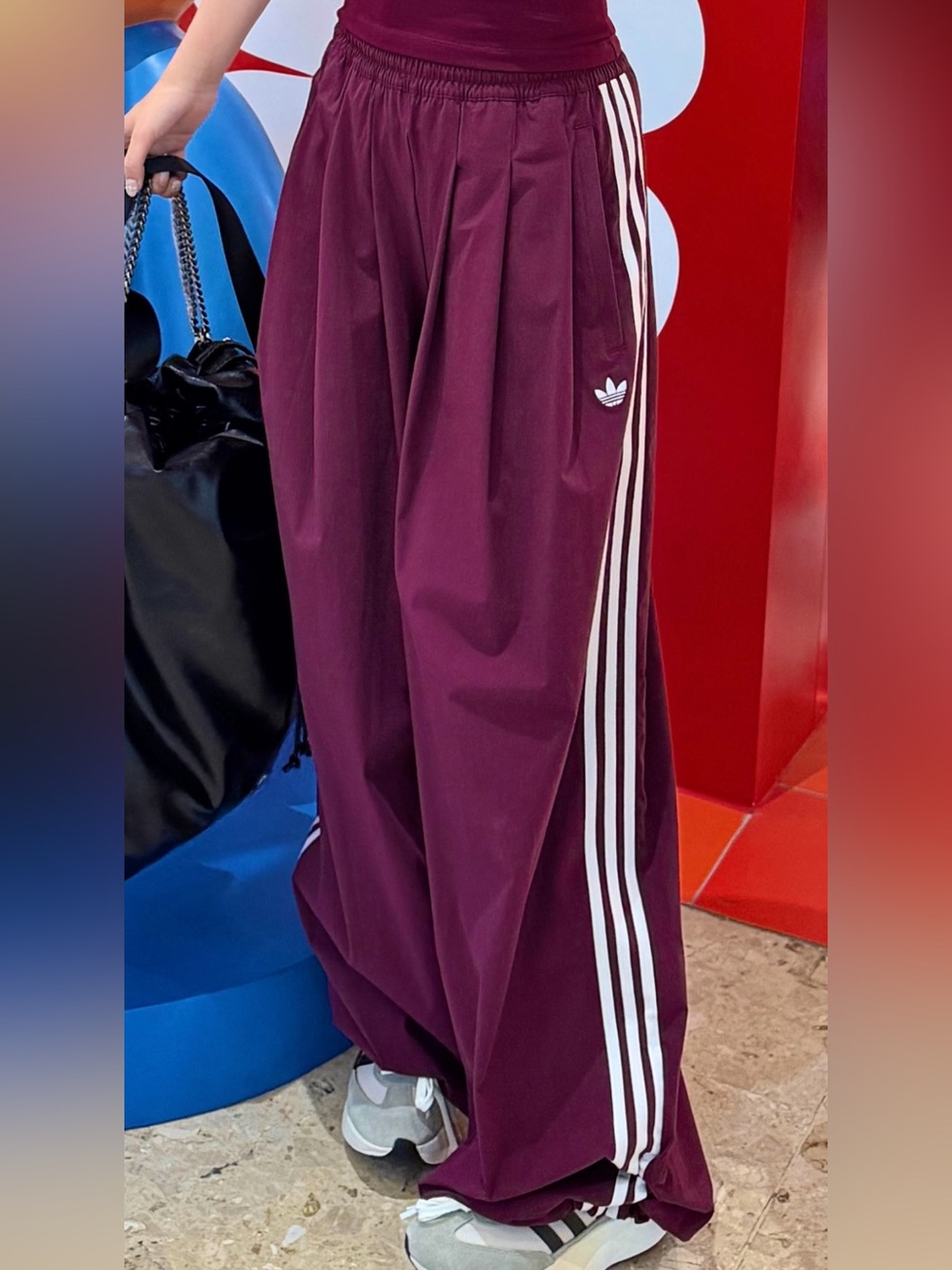 NWOT Adidas Women’s Oversized Burgundy Wide-Leg Track Pants 3-Stripes - Picture 2 of 11